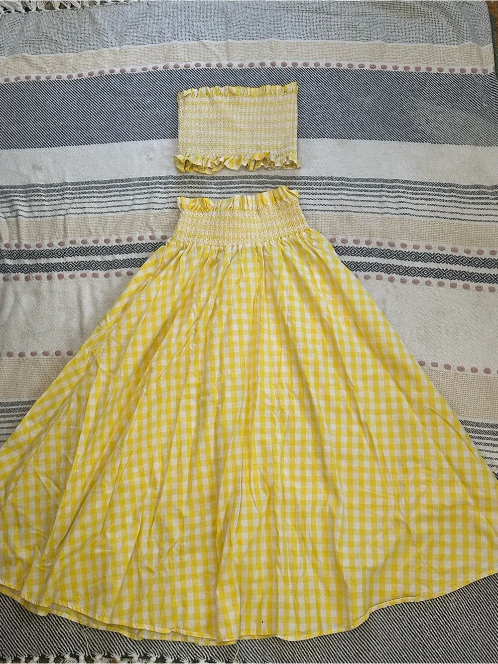 Goodnight Macaroon Yellow Gingham Two-Piece Smocked Dress Set EUC